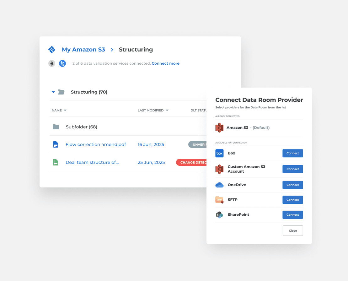 Connect data room providers — S3, Box, SharePoint